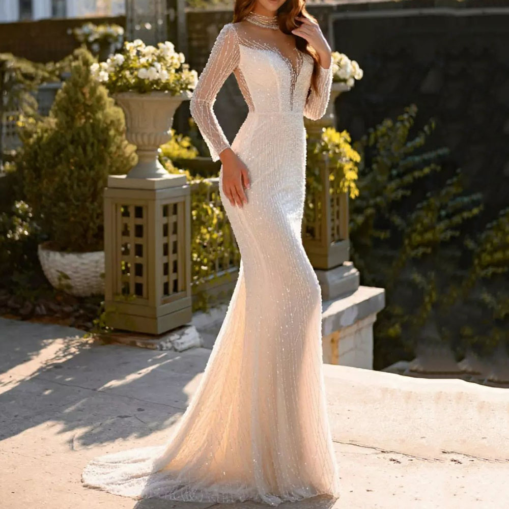 Long Sleeves Trumpet High Neck Floor-Length Garden Wedding Dress 2022