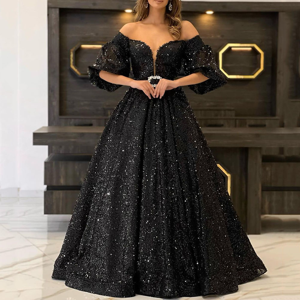 Half Sleeves Sequins Floor-Length A-Line Celebrity Dress 2022