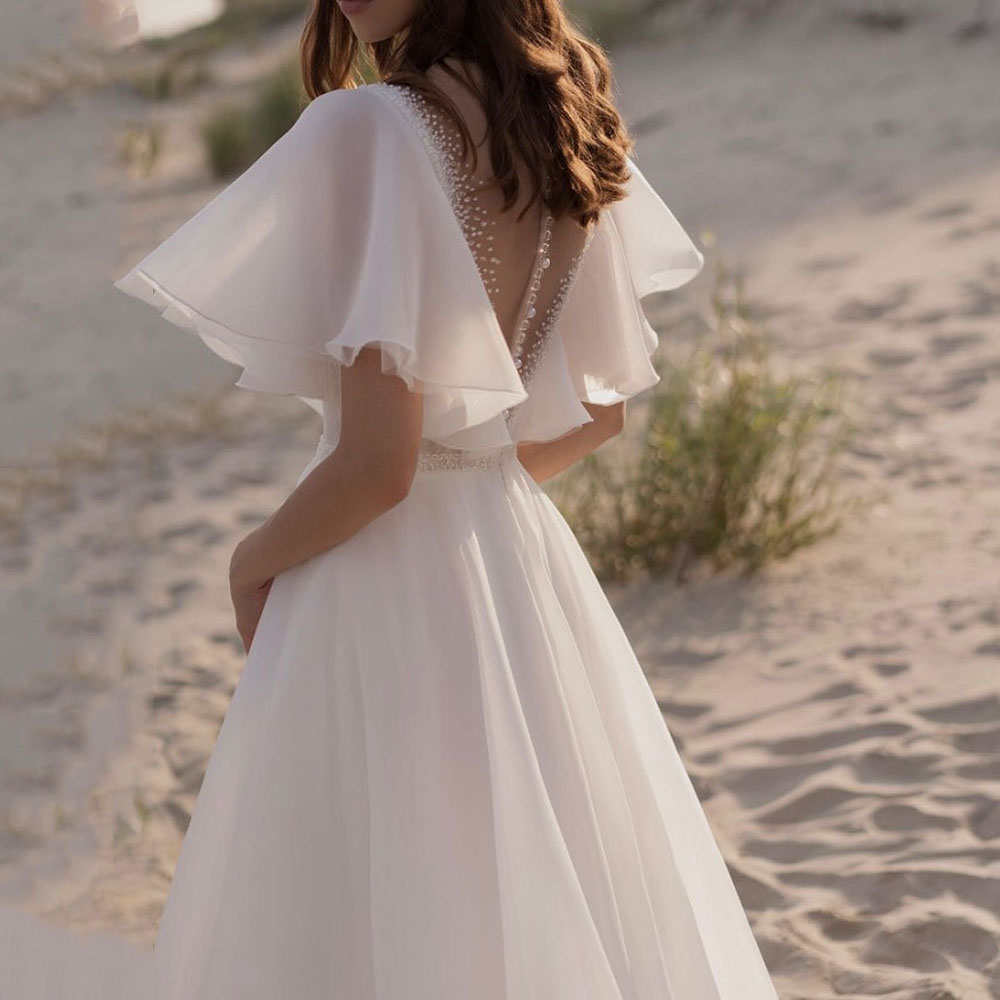 A-Line Ruffles Floor-Length Short Sleeves Garden Wedding Dress 2022