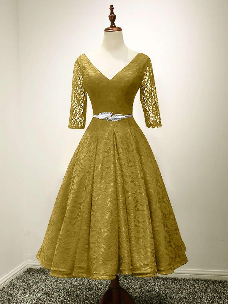 Half Sleeves Belt Lace Tea-Length Evening Dress