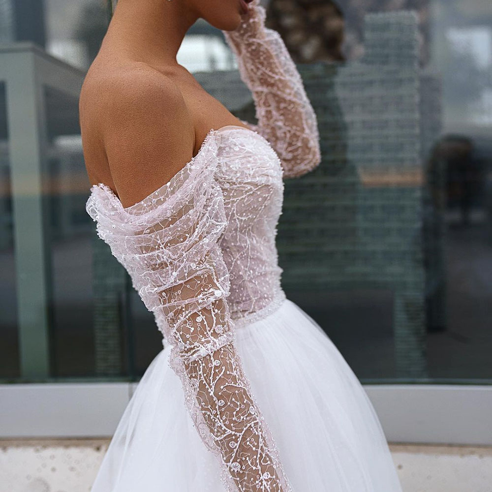 Floor-Length Long Sleeves Trumpet/Mermaid Off-The-Shoulder Hall Wedding Dress 2022