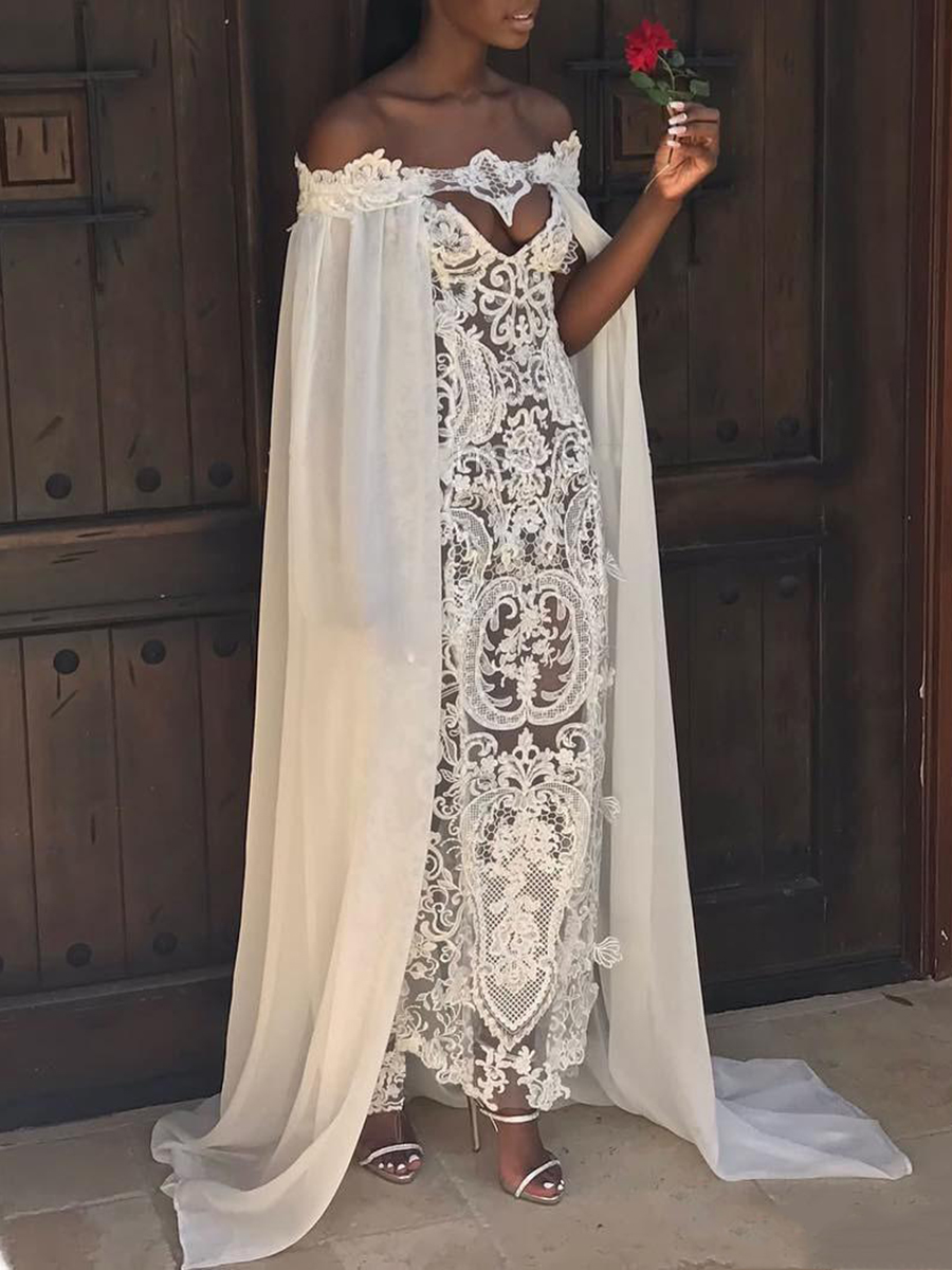 Column Off-The-Shoulder Hollow Lace Beach Wedding Dress 2022