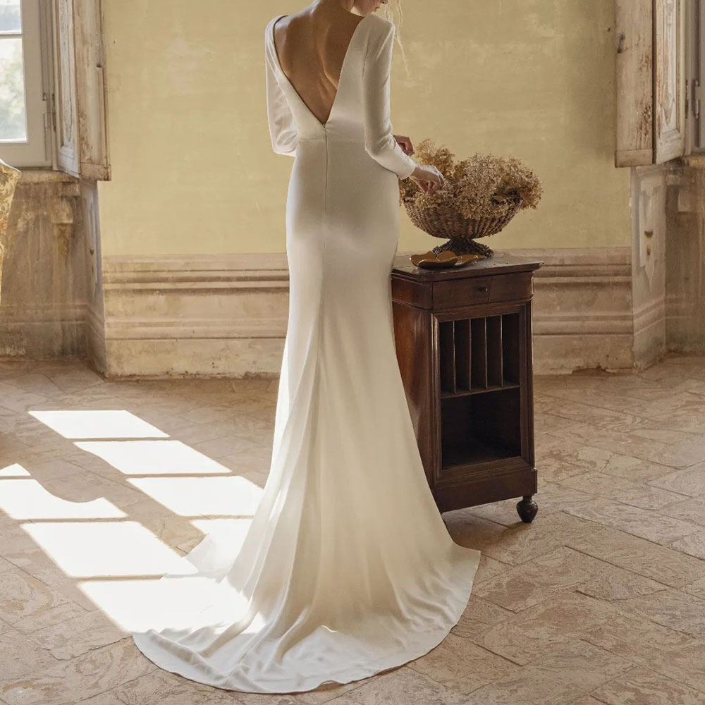 V-Neck Long Sleeves Split-Front Floor-Length Hall Wedding Dress 2022