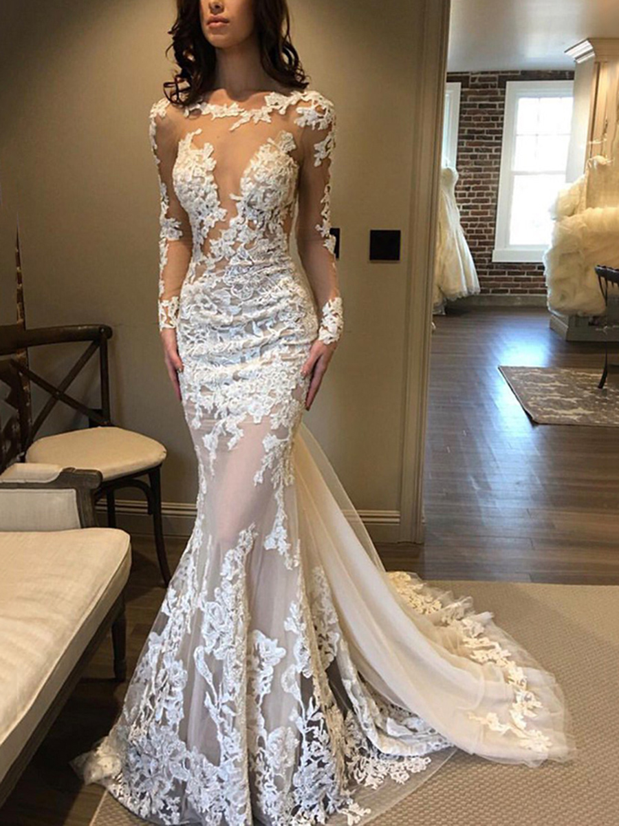 Watteau Train Appliques Long Sleeves Mermaid Lace Wedding Dress
