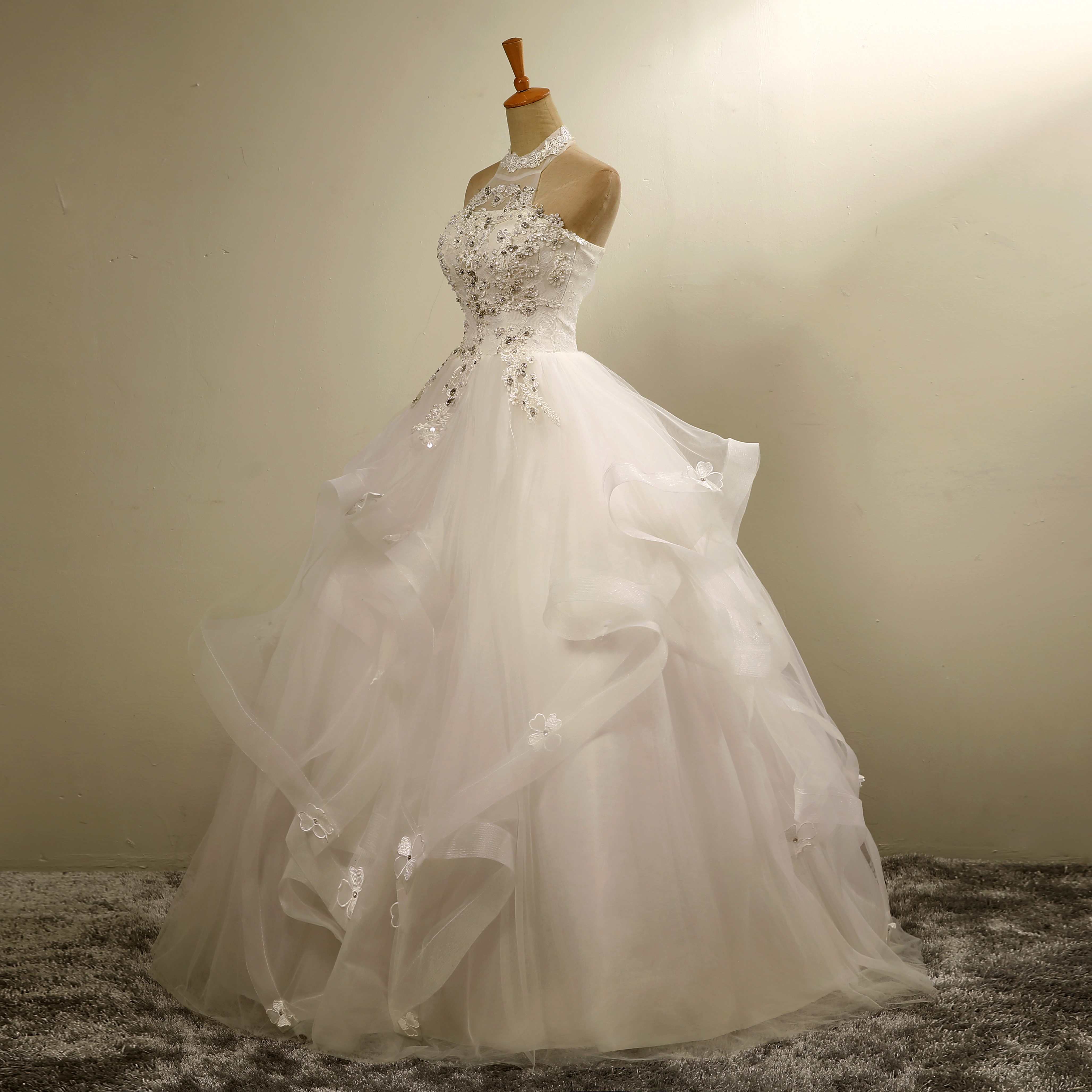 Halter Pearls Appliques Ball Gown Wedding Dress