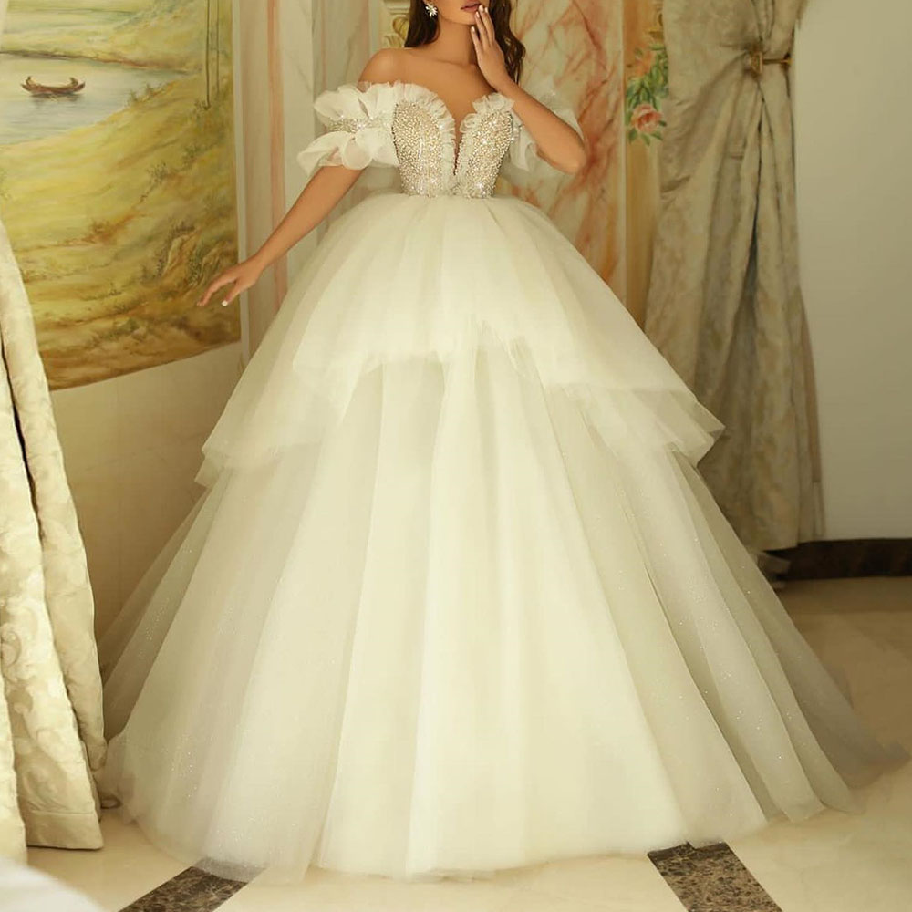 Sequins Off-The-Shoulder Floor-Length Half Sleeves Church Wedding Dress 2022