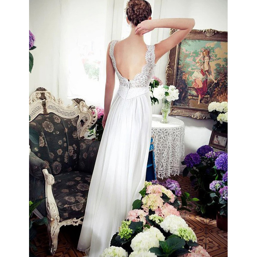 V-Neck Split-Front Appliques Boho Beach Wedding Dress 2021