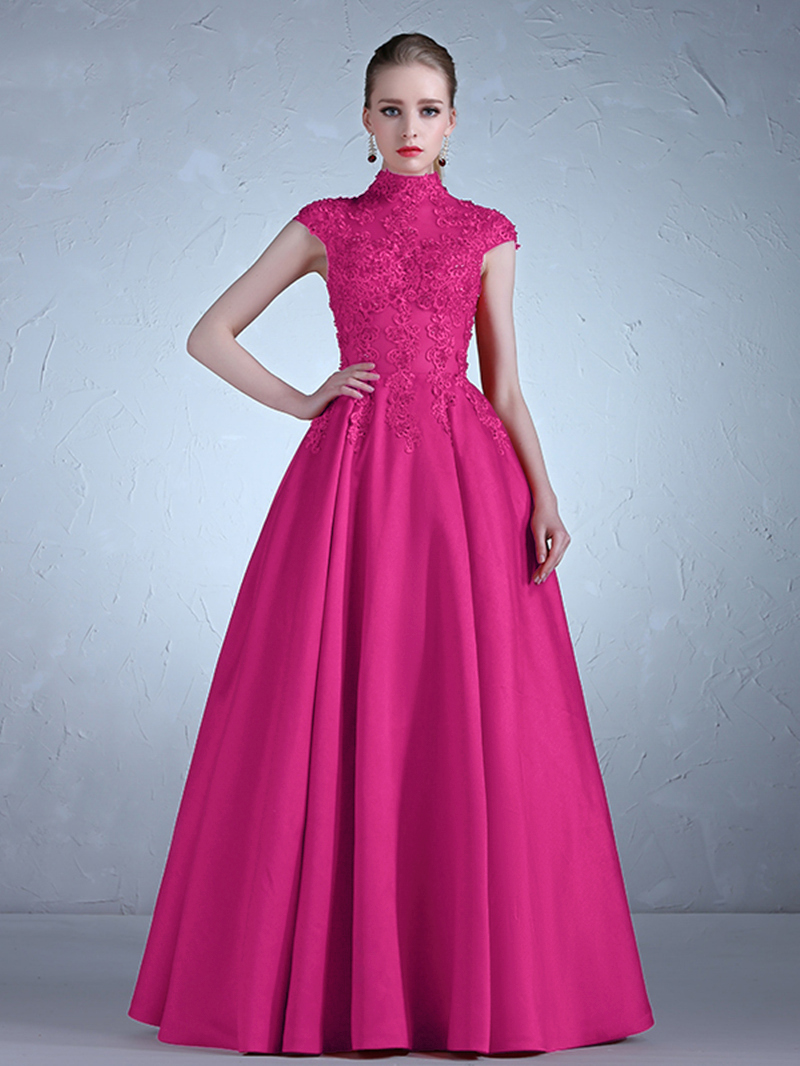 High Neck Appliques Cap Sleeves Red Evening Dress