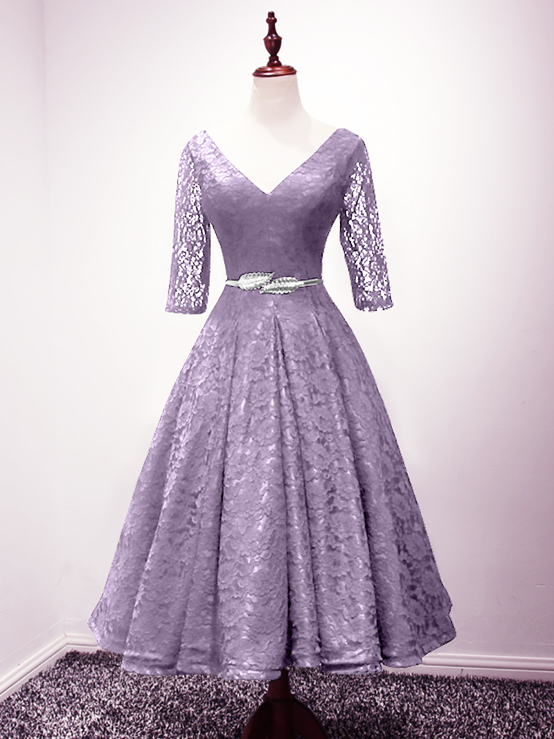 Half Sleeves Belt Lace Tea-Length Evening Dress