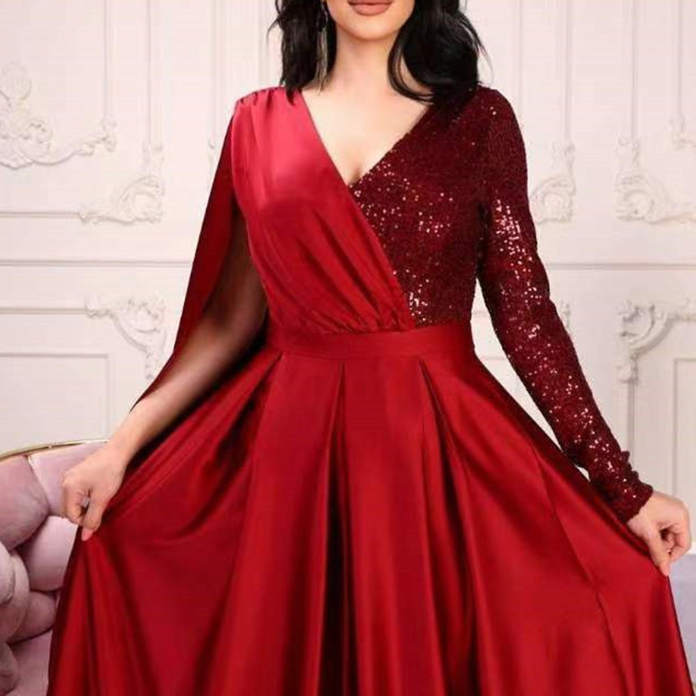 Long Sleeves A-Line Floor-Length Sequins Evening Dress 2022