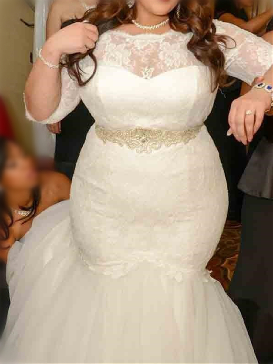Half Sleeves Beading Lace Plus Size Wedding Dress