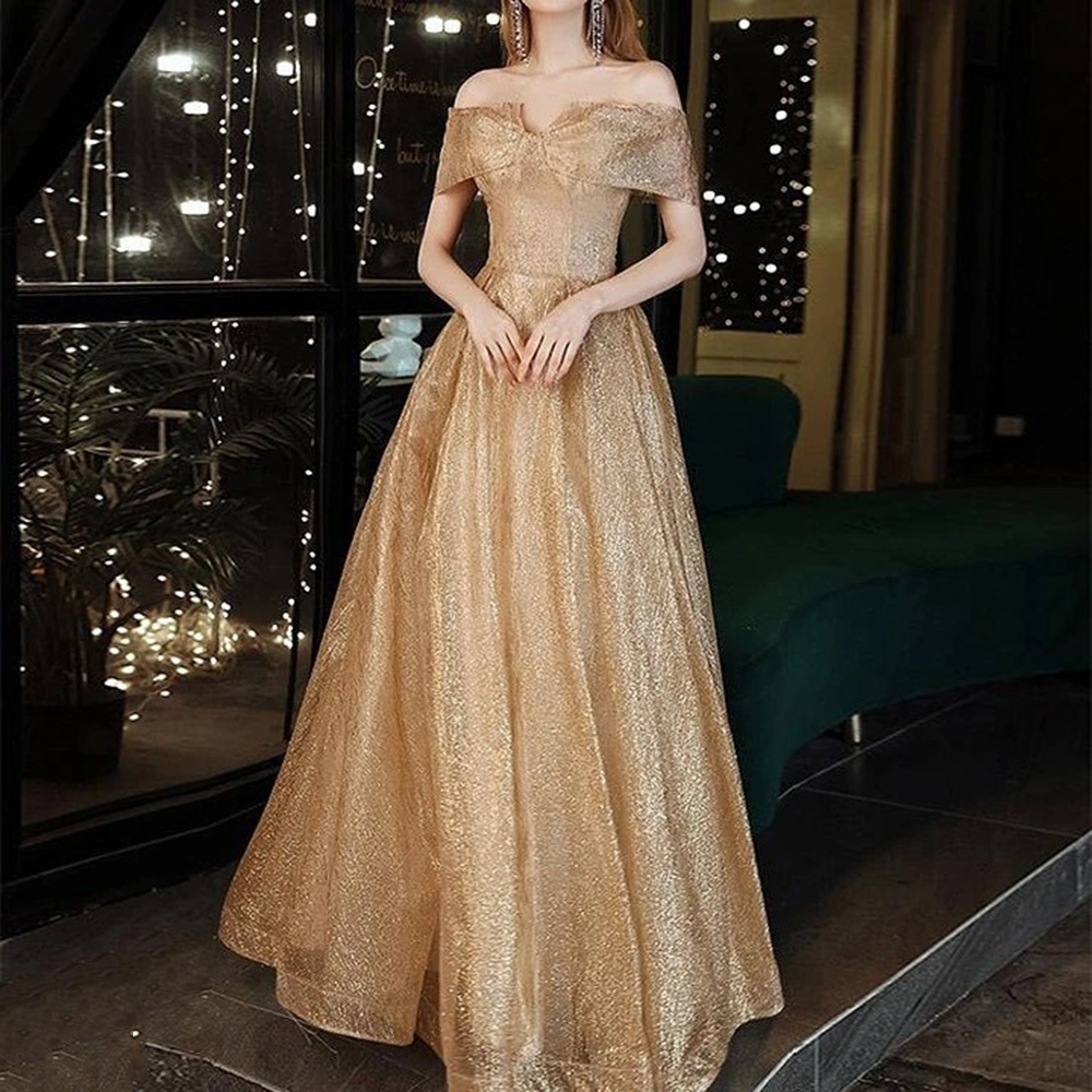 Off-The-Shoulder Floor-Length A-Line Short Sleeves Prom Dress 2021