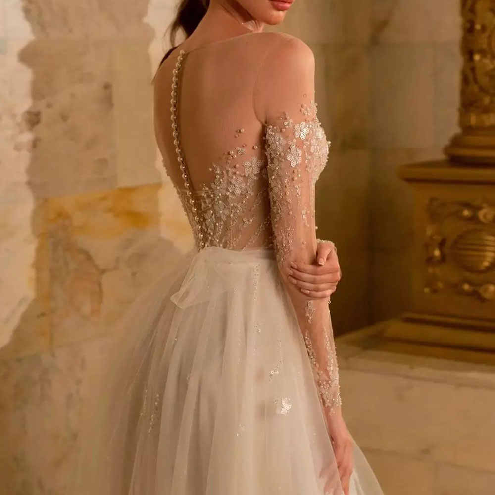 Pearl Scoop Long Sleeves A-Line Church Wedding Dress 2022