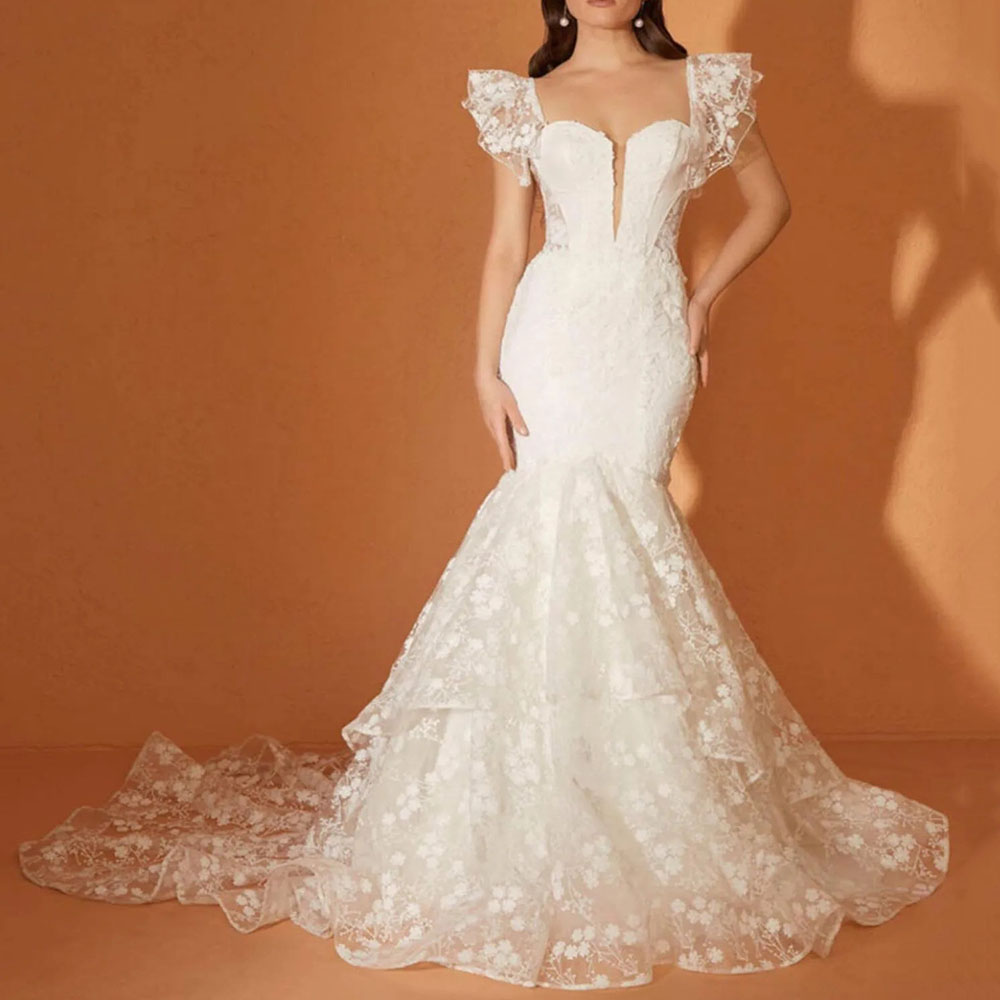 Floor-Length Cap Sleeves Lace Mermaid Wedding Dress 2022