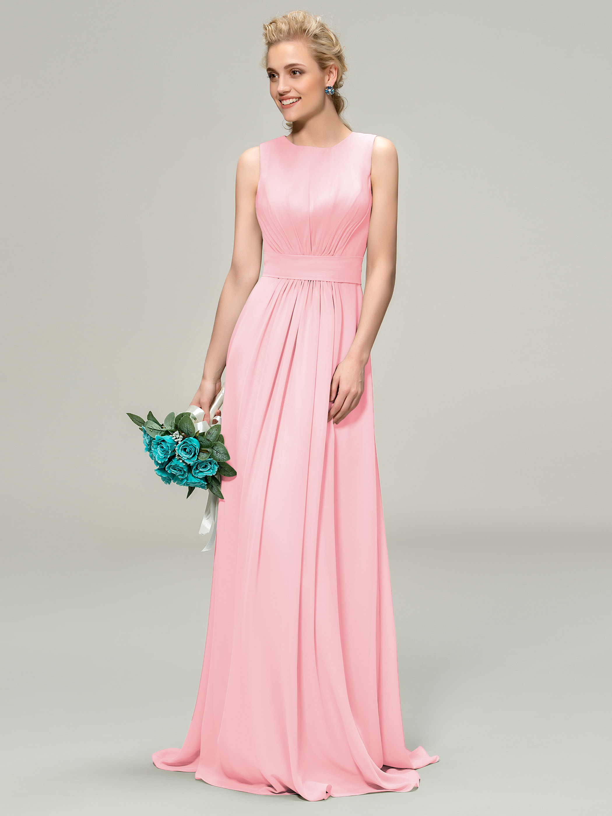 A-Line Jewel Neck Ruched Long Bridemaid Dress