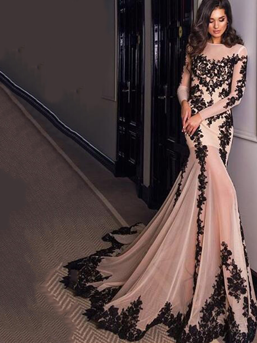 Lace Appliques Mermaid Long Sleeves Evening Dress
