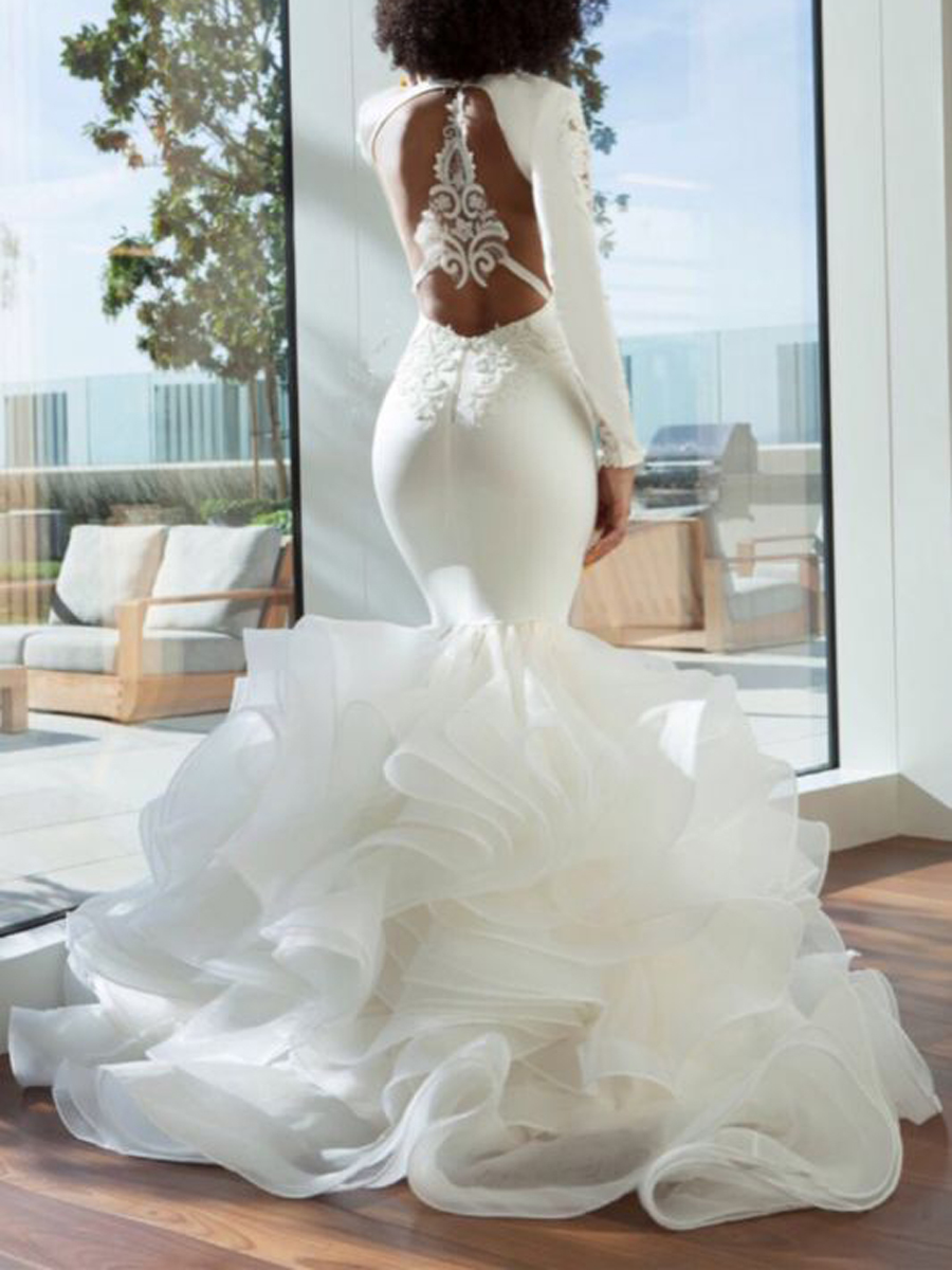 Long Sleeves V-Neck Cascading Ruffles Hall Wedding Dress 2021