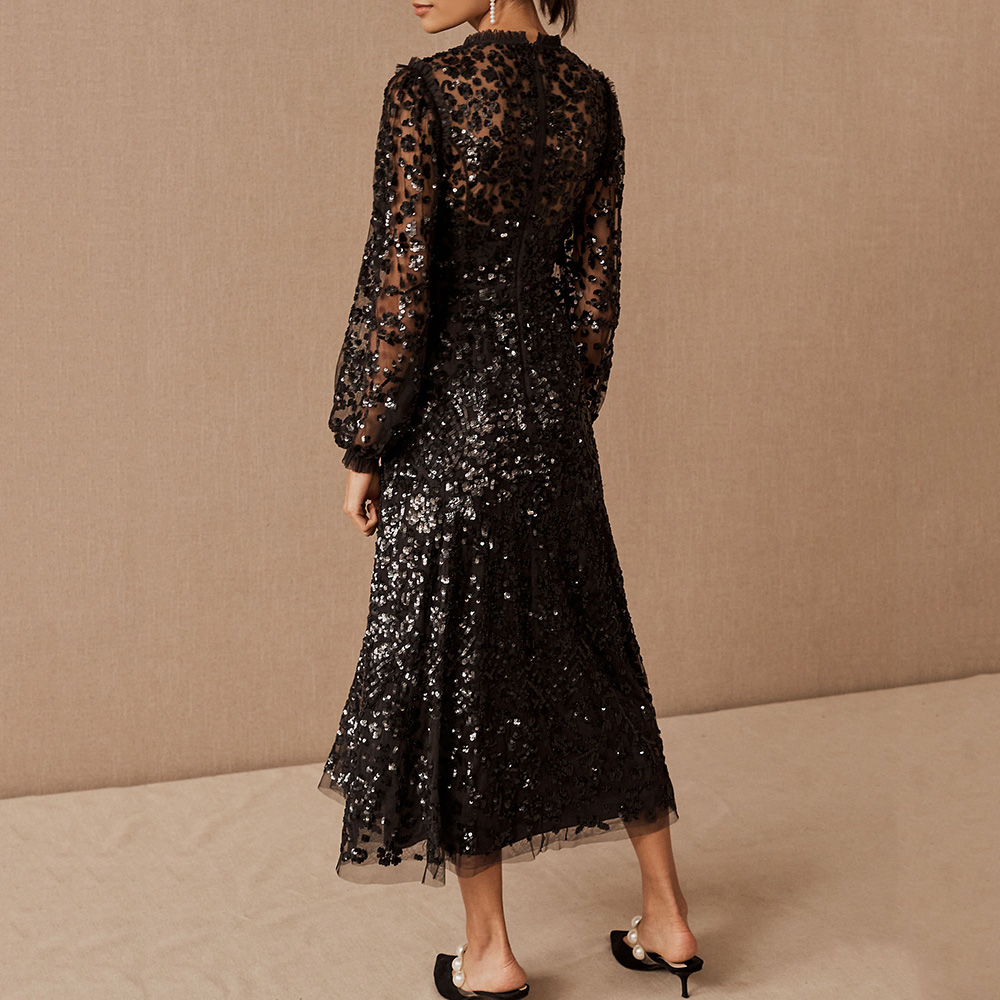 Sequins Long Sleeve Tea-Length Lace Scoop A-Line Evening Dress 2021