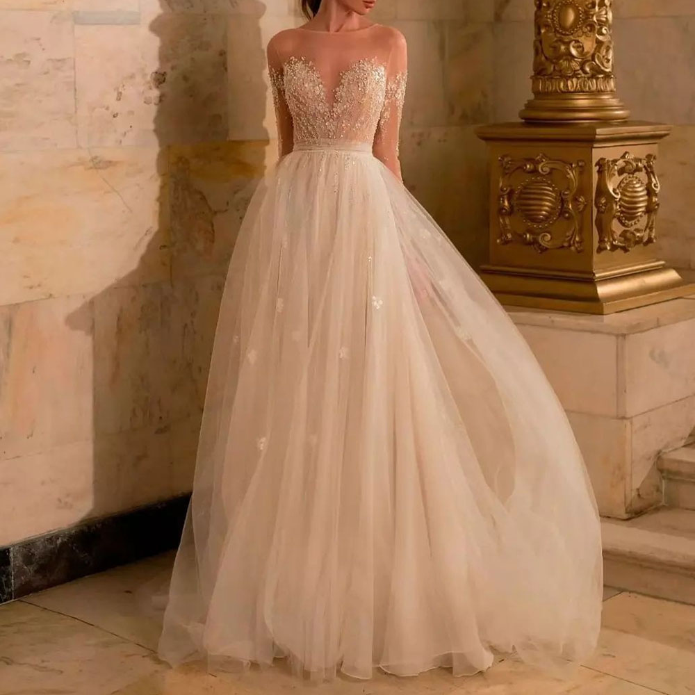 Pearl Scoop Long Sleeves A-Line Church Wedding Dress 2022