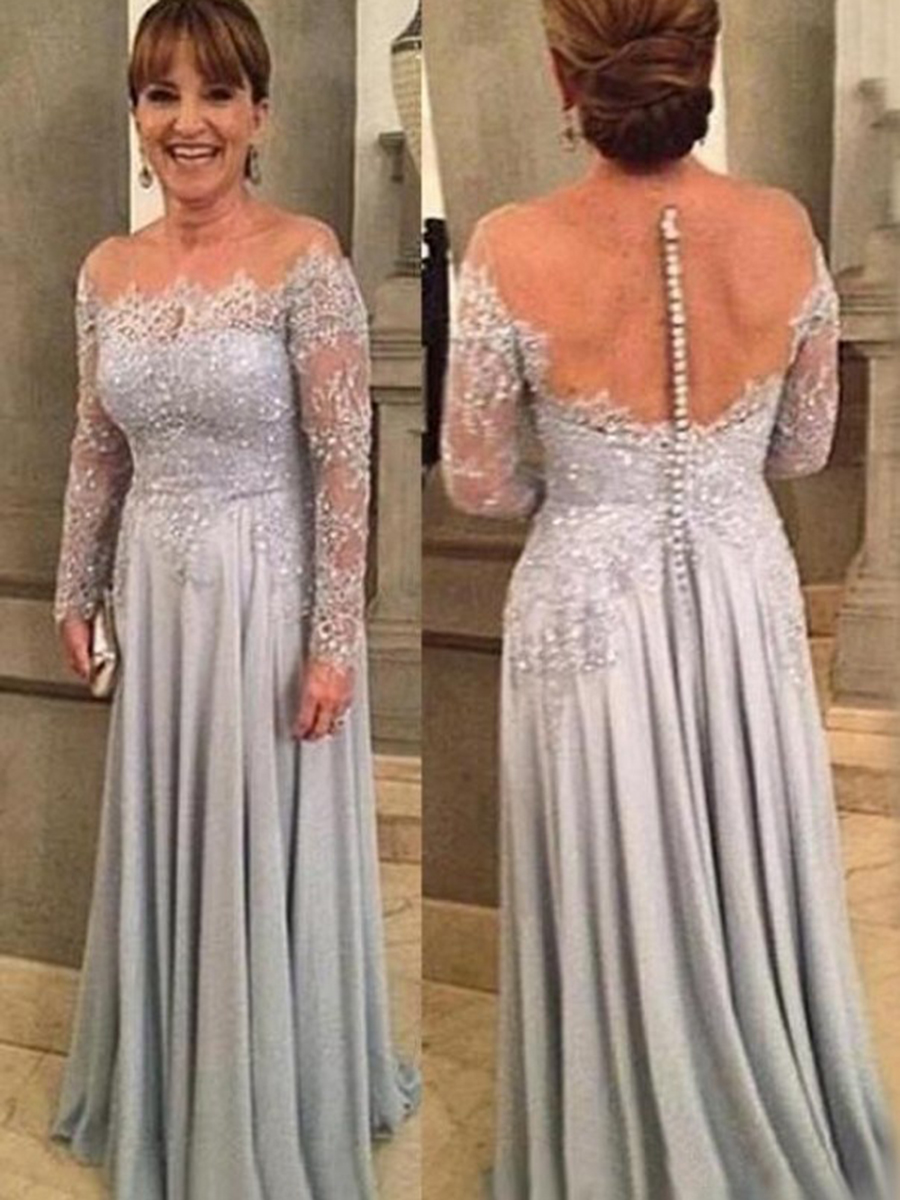 Floor-Length Long Sleeves Appliques A-Line Mother of the Bride Dress 2021