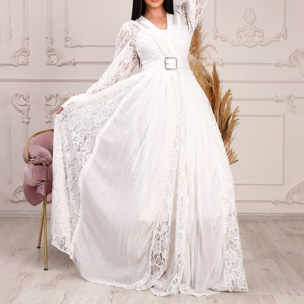 A-Line Floor-Length Long Sleeves Lace Garden Wedding Dress 2022