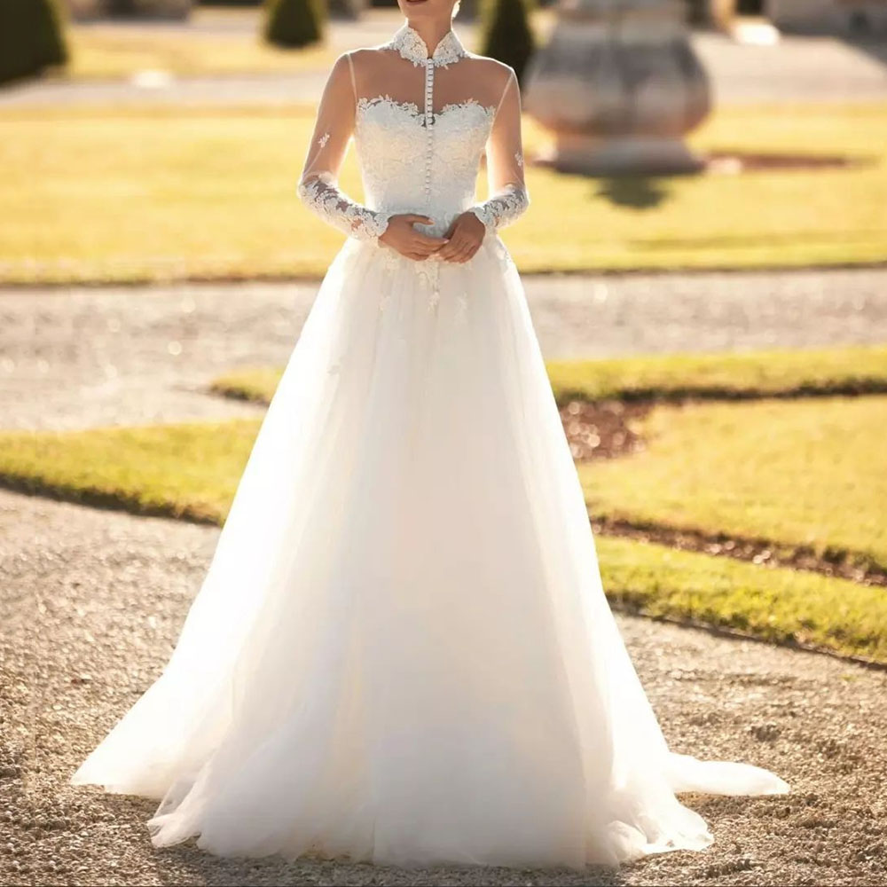 Lace Long Sleeves Floor-Length High Neck Church Wedding Dress 2022