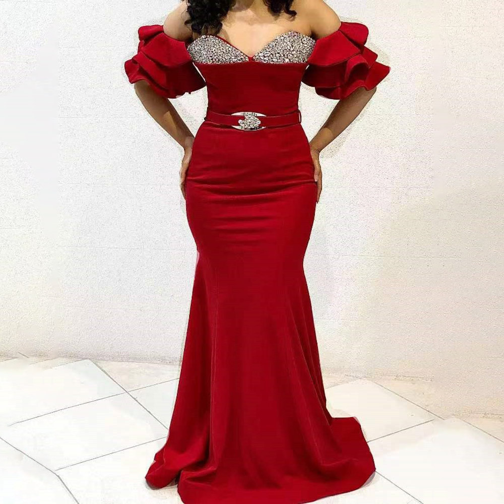 V-Neck Ruffles Half Sleeves Mermaid Floor-Length Celebrity Formal Dress 2022