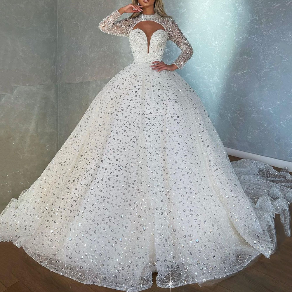 Sequins Floor-Length High Neck Long Sleeves Church Wedding Dress 2022