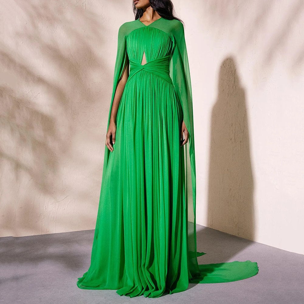 Long Sleeves Draped V-Neck Floor-Length Celebrity Dress 2022