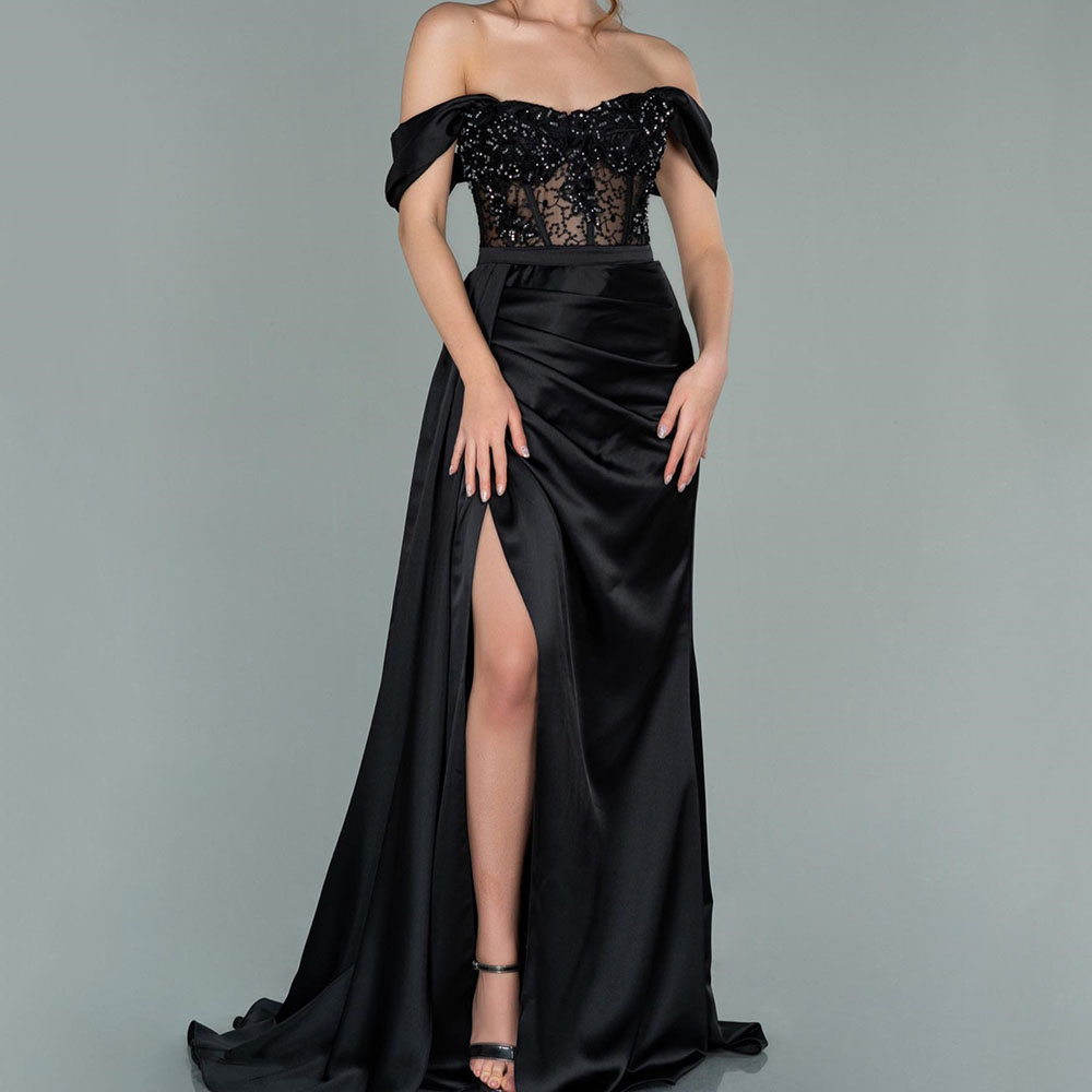 A-Line Short Sleeves Floor-Length Split-Front Formal Evening Dress 2022
