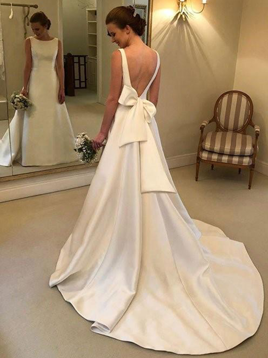 A-Line Bateau Neck Bowknot Backless Hall Wedding Dress