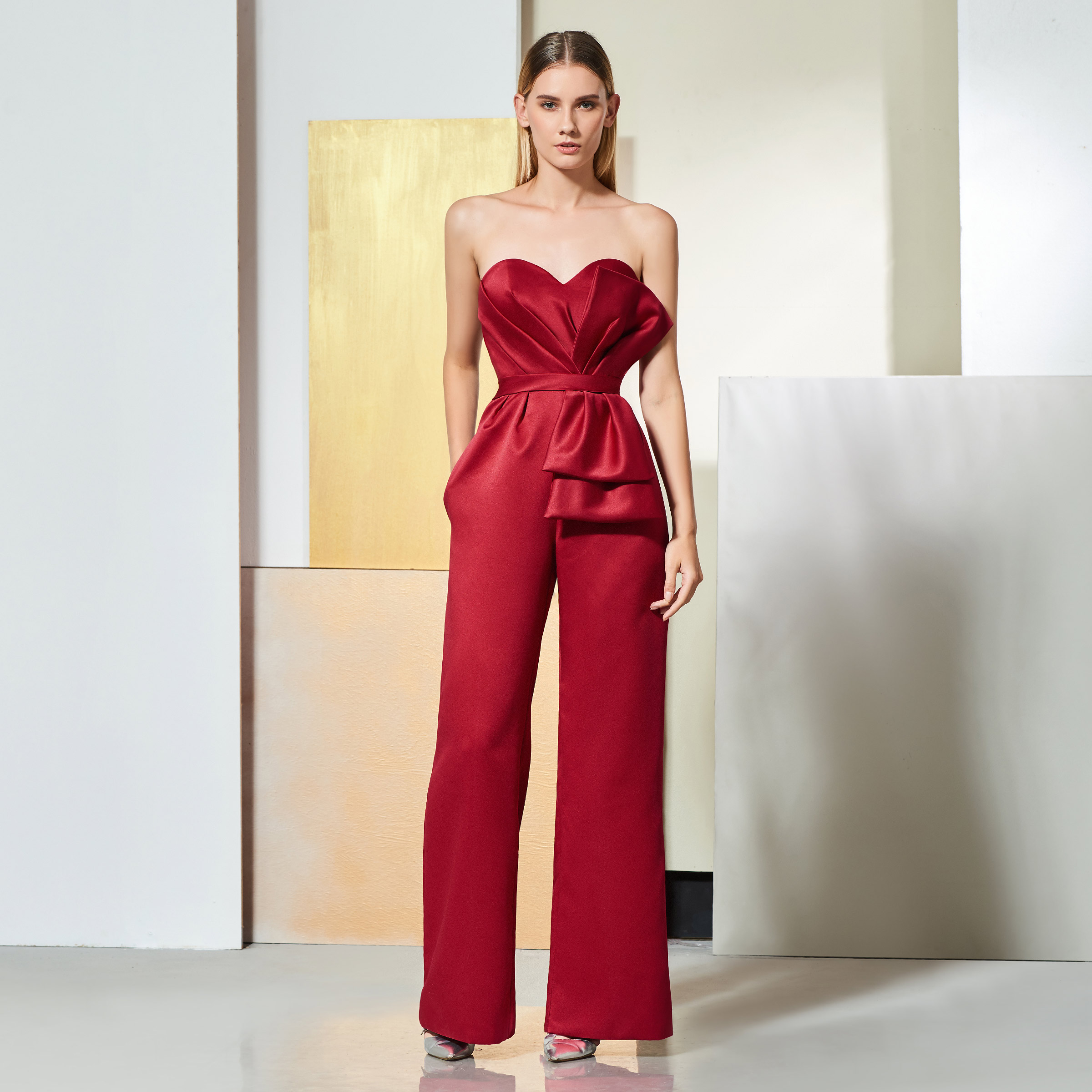 Sweetheart Pleats Pockets Bowknot Mother Jumpsuits