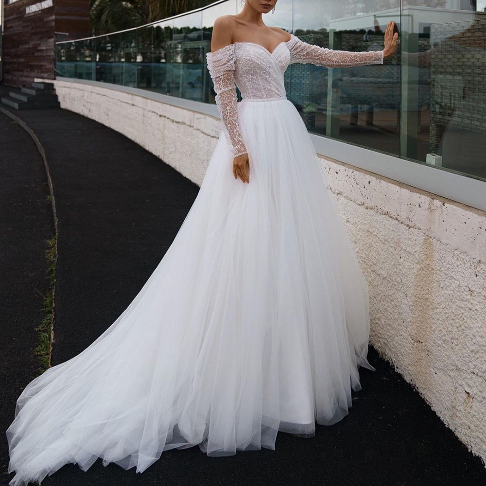 Floor-Length Long Sleeves Trumpet/Mermaid Off-The-Shoulder Hall Wedding Dress 2022