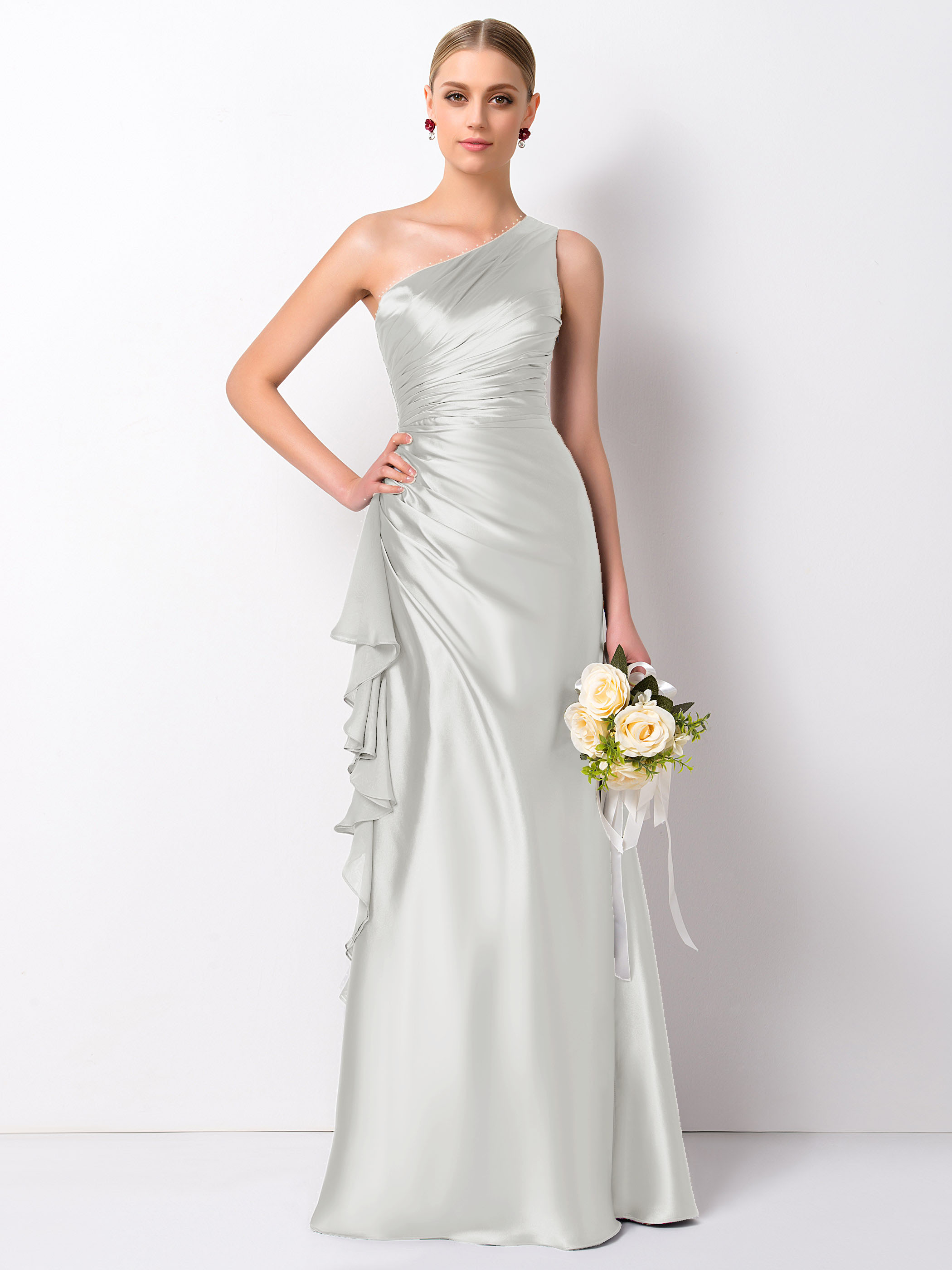 Column One Shoulder Ruffles Bridesmaid Dress