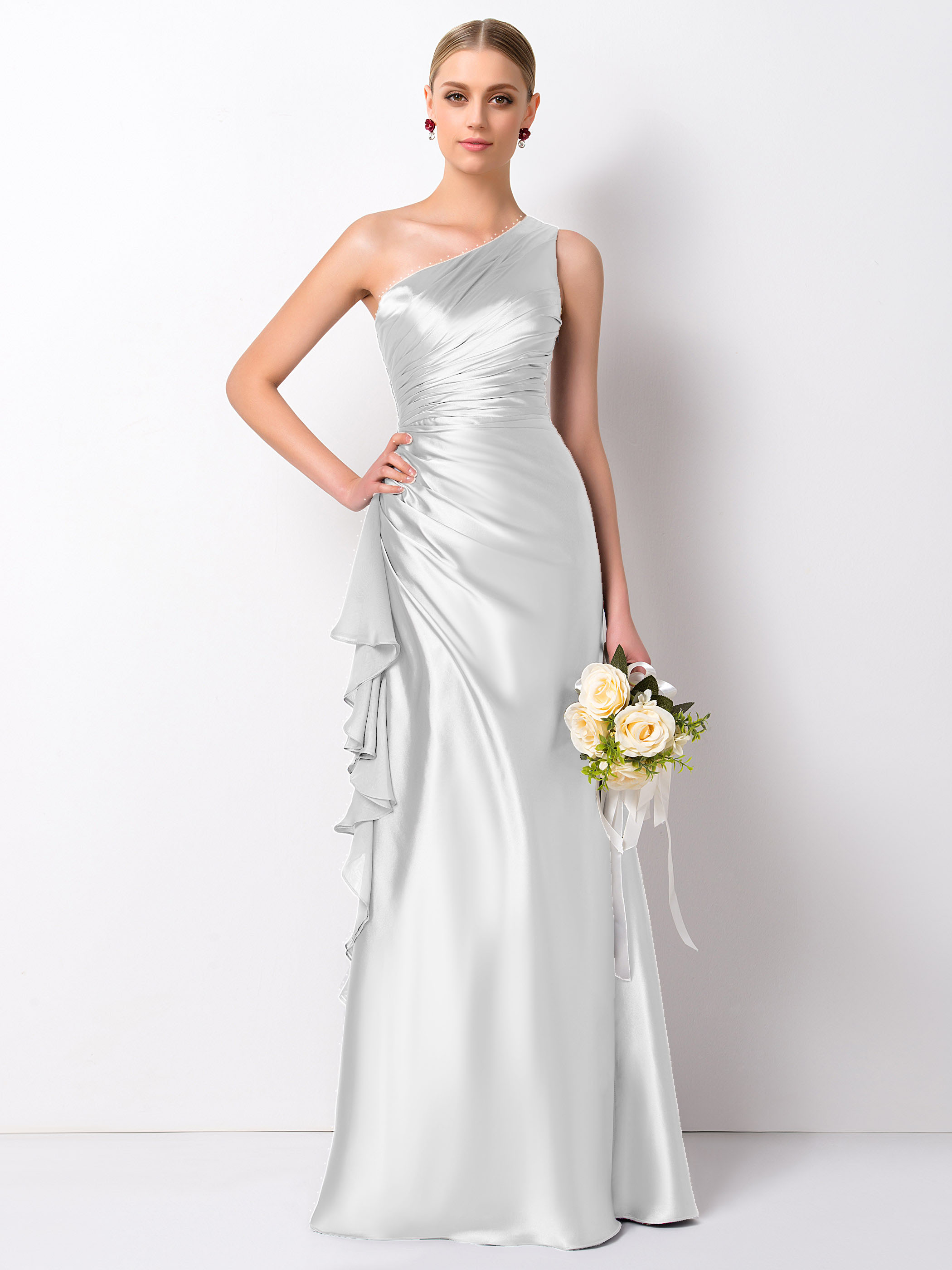 Column One Shoulder Ruffles Bridesmaid Dress