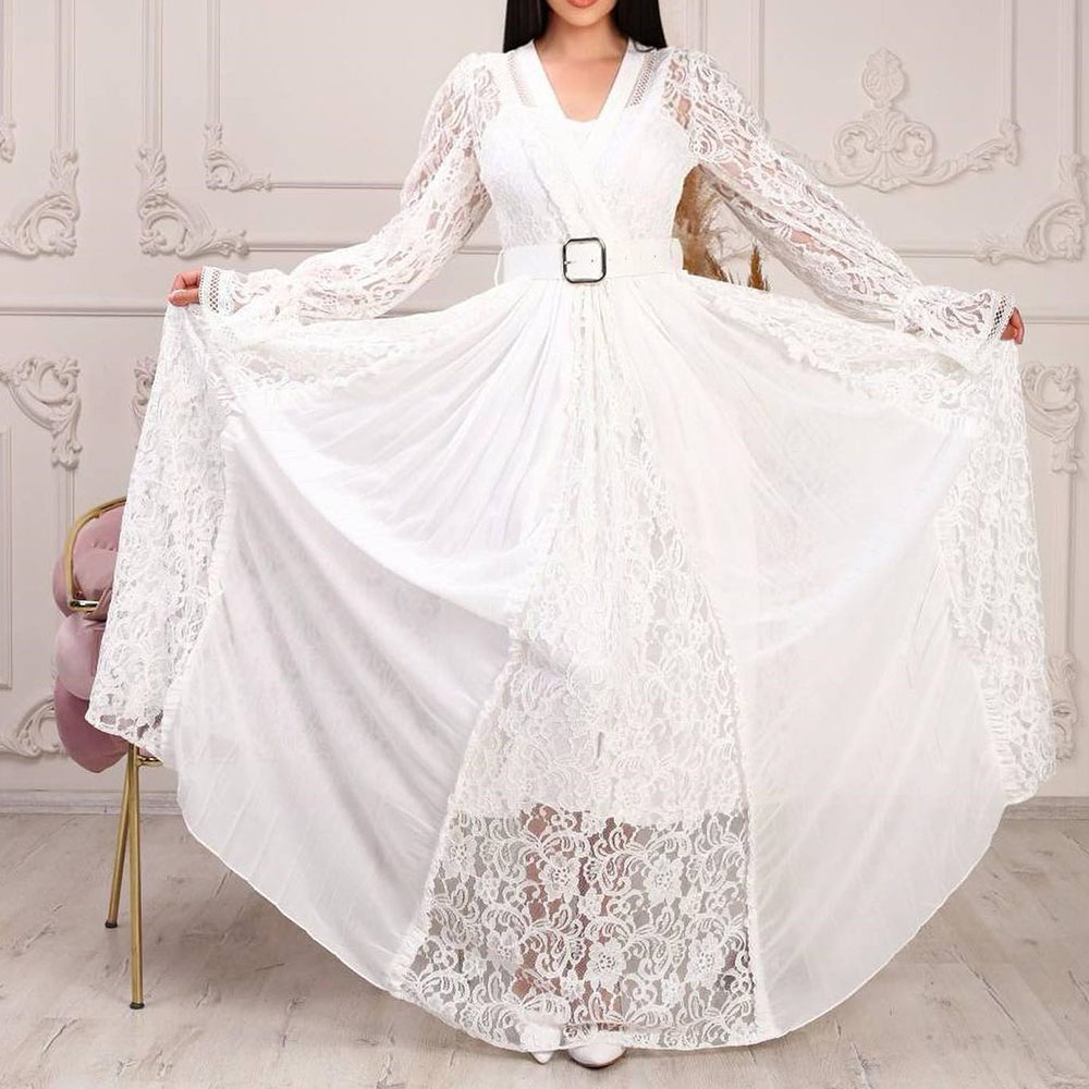 A-Line Floor-Length Long Sleeves Lace Garden Wedding Dress 2022
