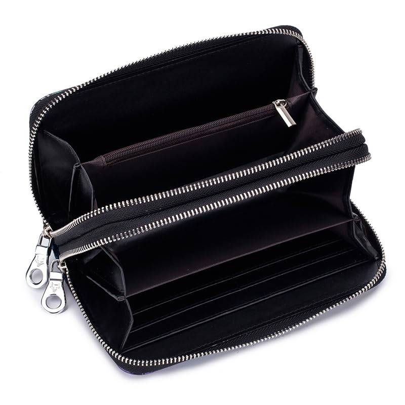 Women's Wallet Large Capacity Double Zip Around Credit Card Holder Leather Ladies Wallet with RFID Blocking Phone Wristlet Purse Black