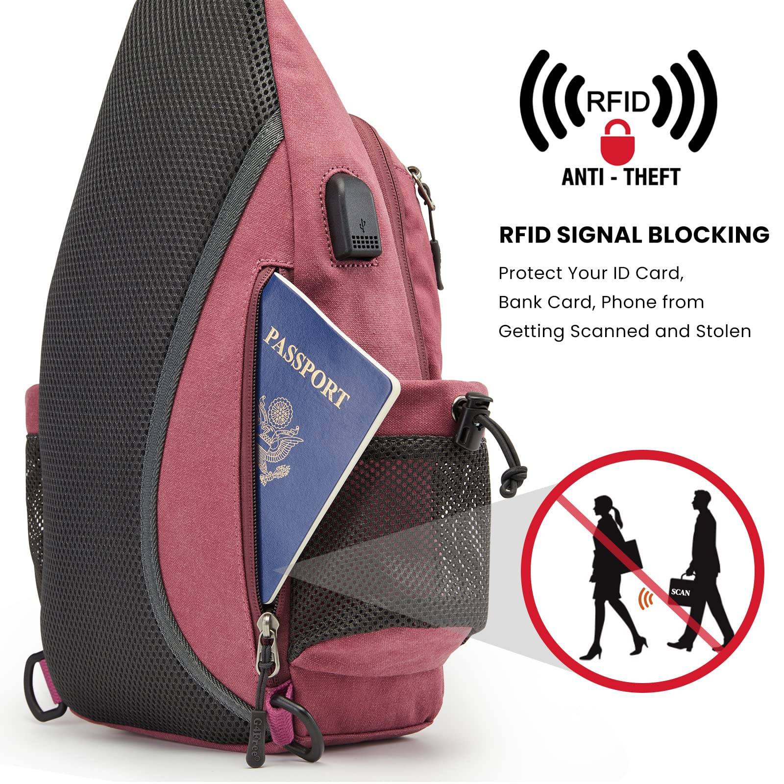 Canvas Sling Bag Crossbody Backpack with USB Charging Port &amp; RFID Blocking, Hiking Daypack Chest Bag for Women Men