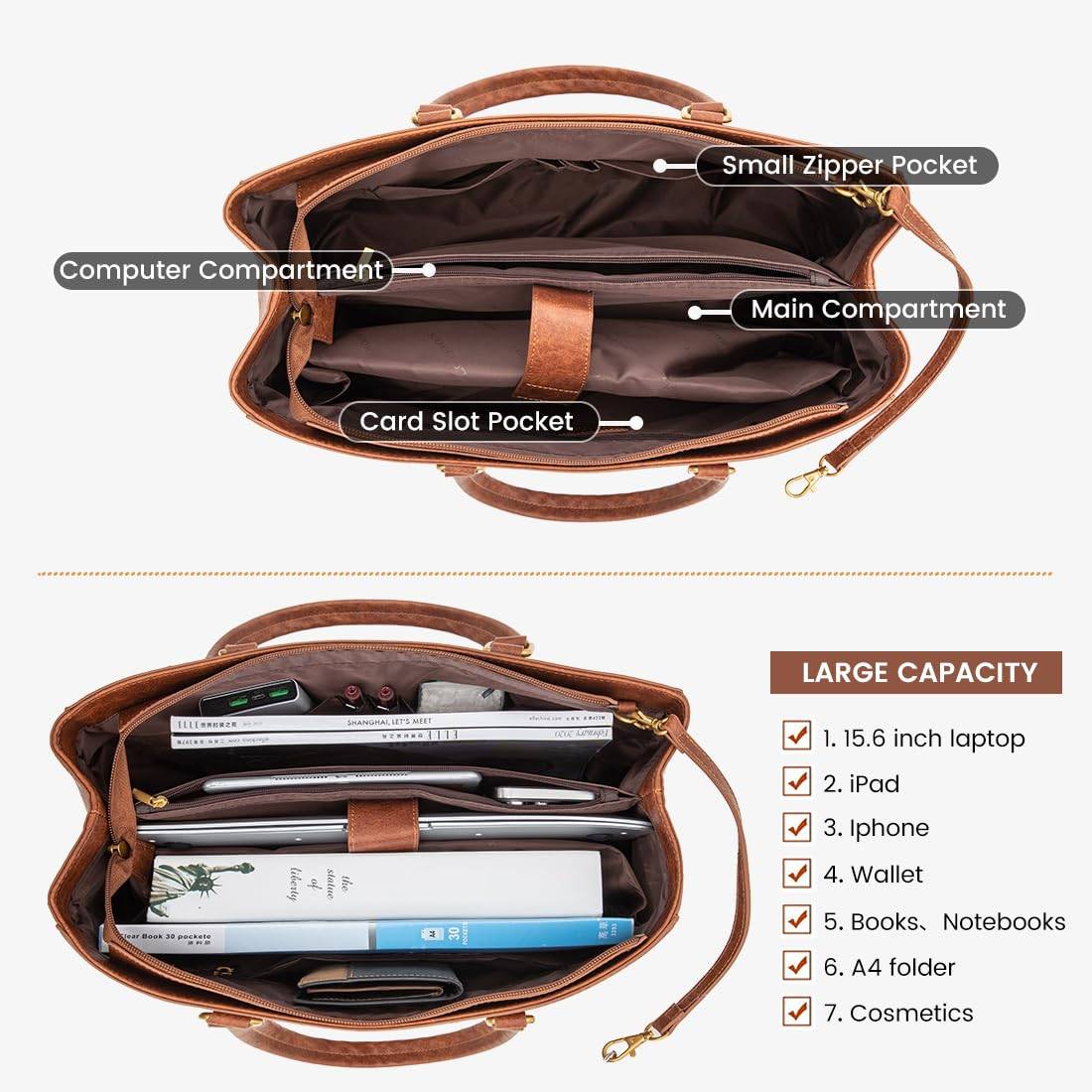 Laptop Tote Bag for Women 15.6 Inch Waterproof Leather Computer Bags Women Business Office Work Bag Briefcase Brown