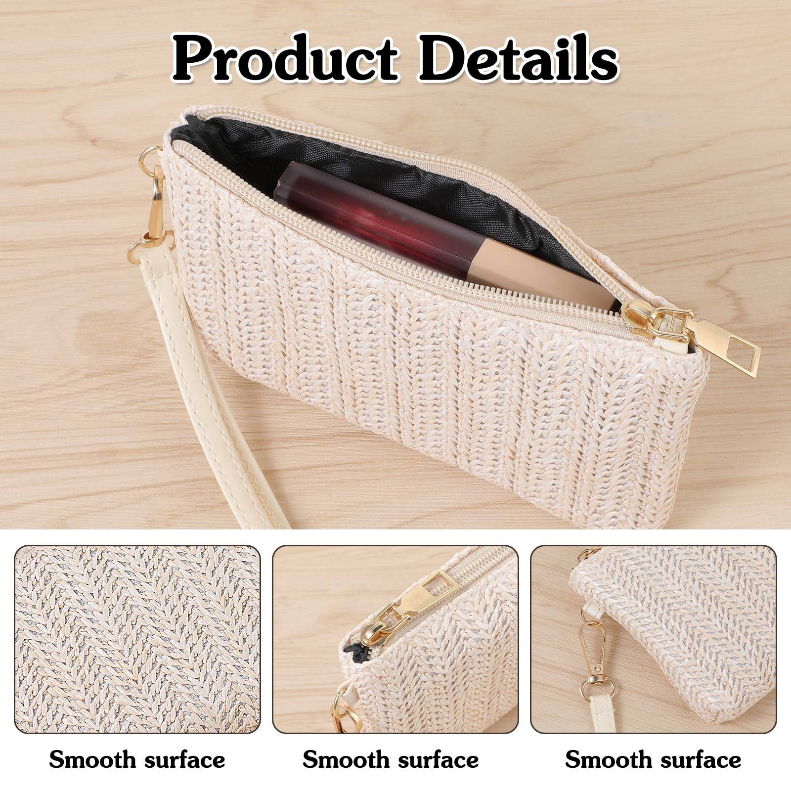 Purses for Women, Straw Woven Wristlet Wallet, Summer Beach Straw Handbag with Zipper Boho Wicker Purse