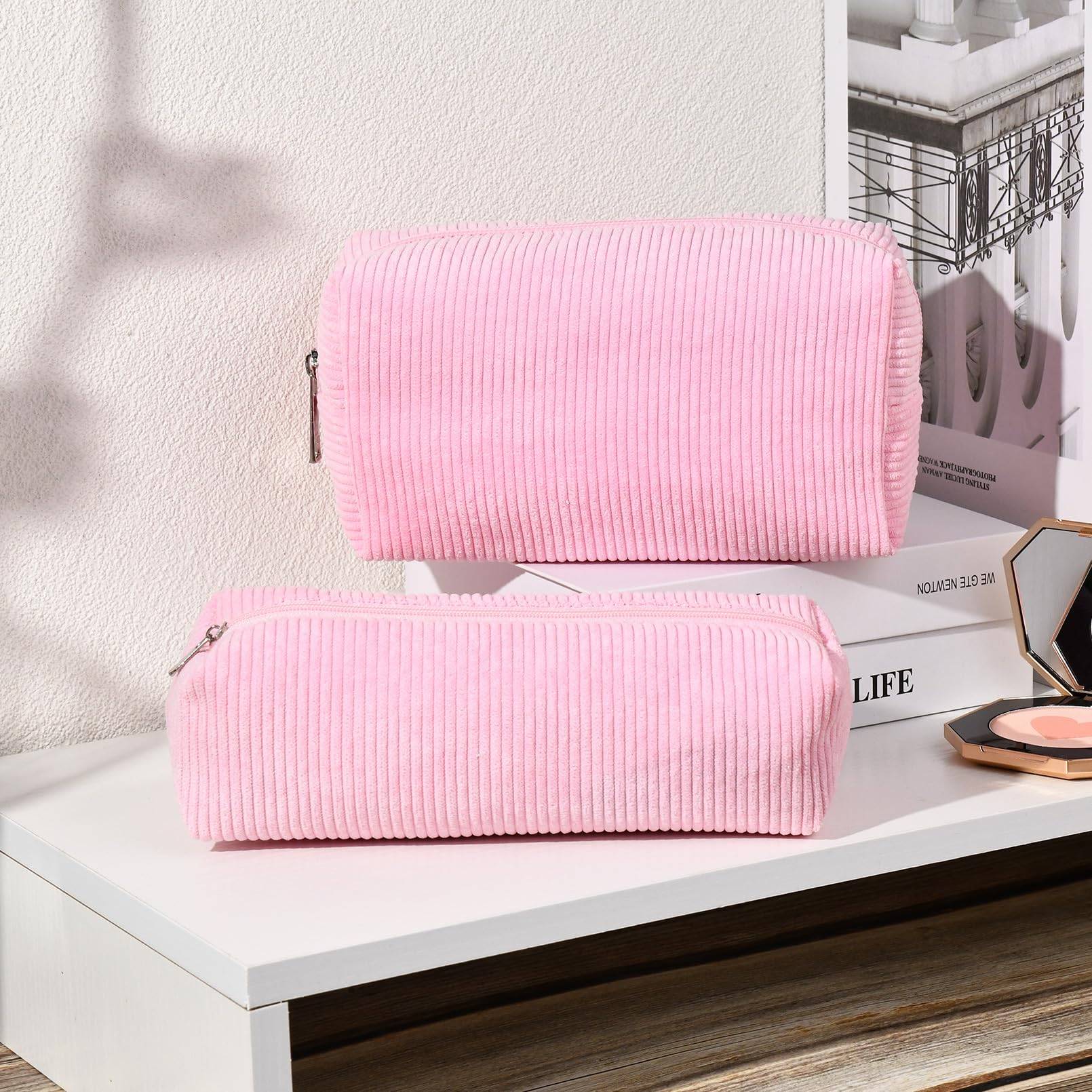 2 Pieces Makeup Bag Pouch Checkered Cosmetic Bag Pink Green, Travel Toiletry Bag Organizer Cute Makeup Brushes Storage Bag for Women