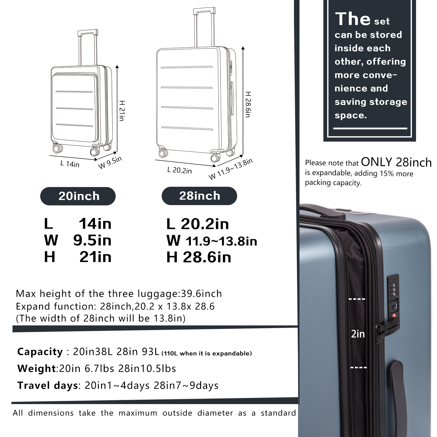 COOLIFE Luggage Suitcase Piece Set Carry On ABS+PC Spinner Trolley with pocket Compartmnet Weekend Bag  YD76S