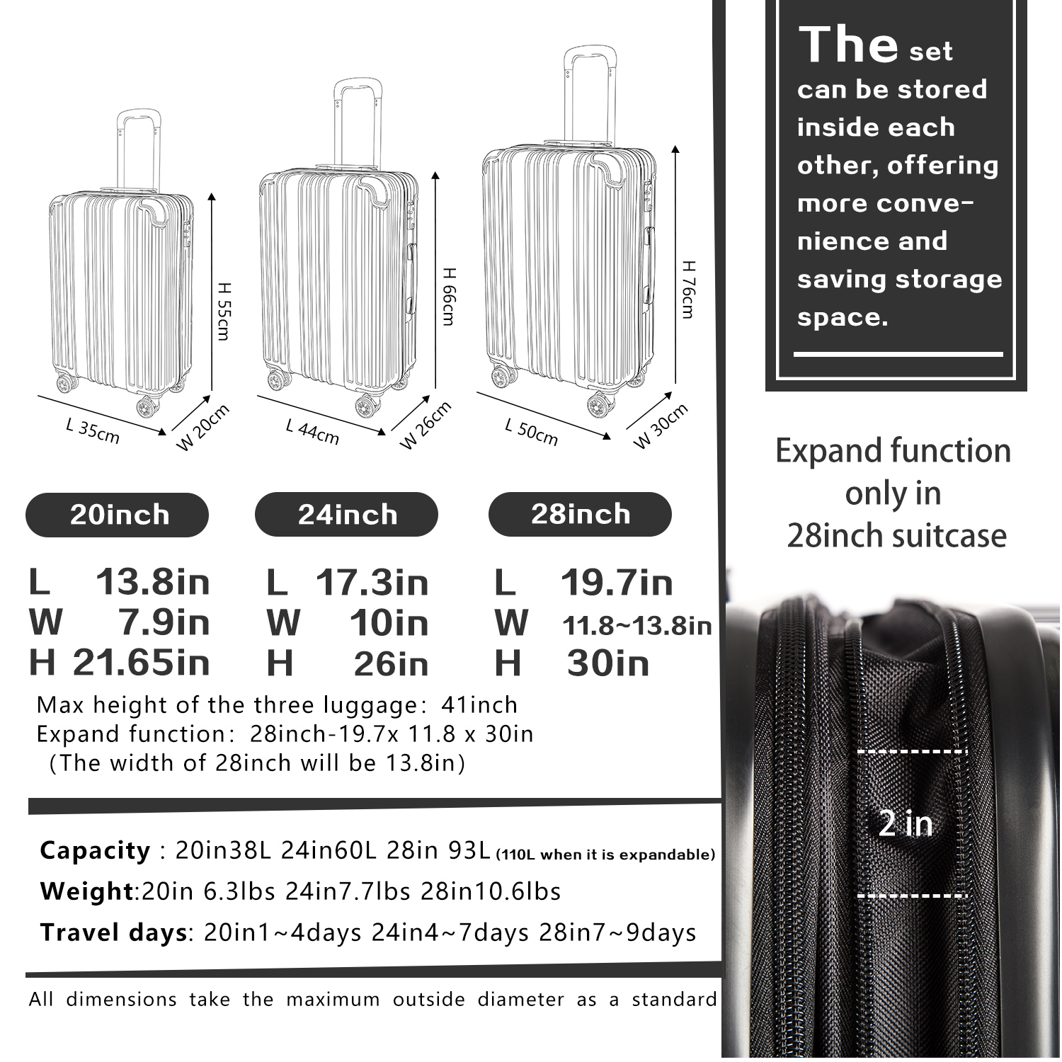 COOLIFE Luggage Expandable (28in only)Suitcase 3 Pcs Set with TSA Lock
