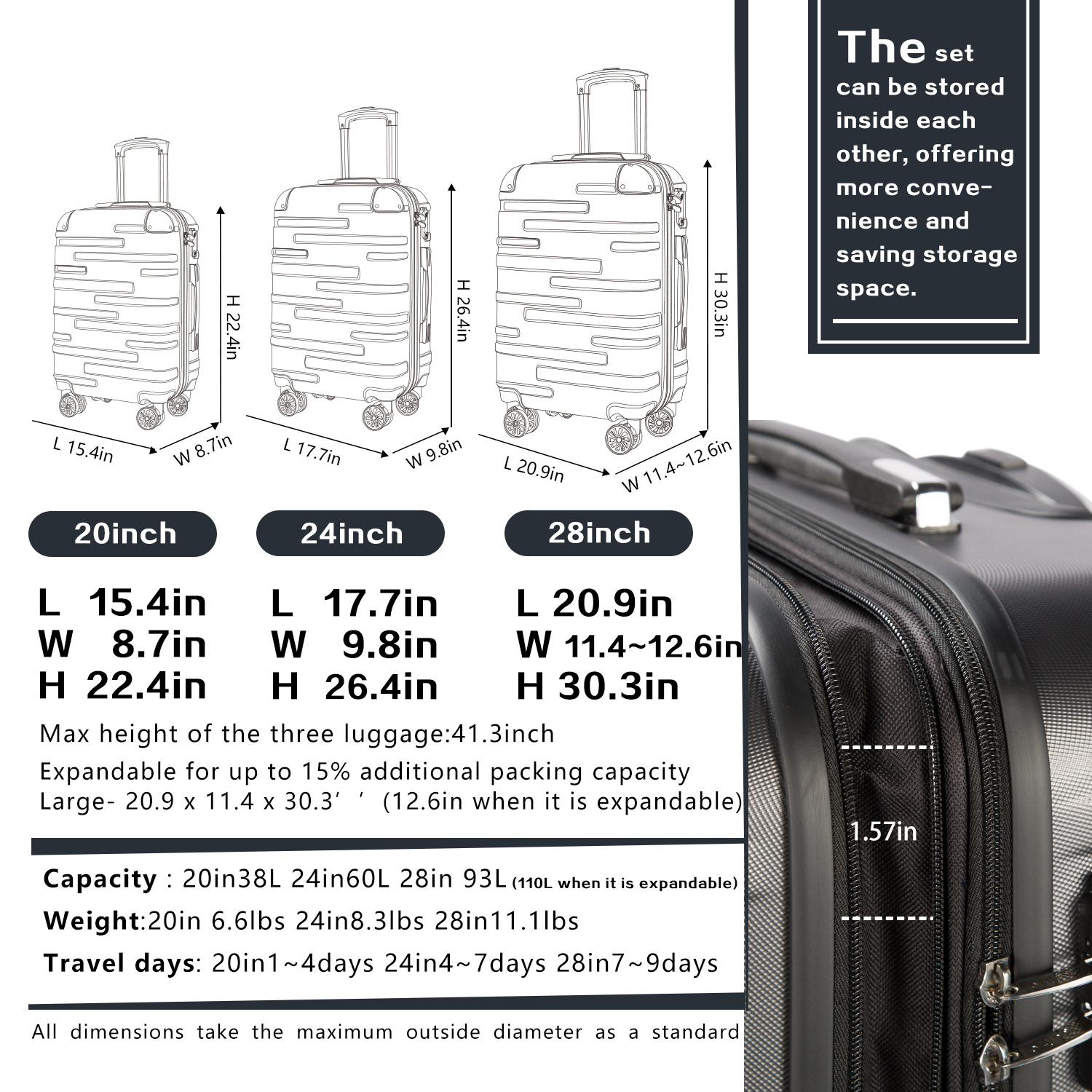 Coolife Luggage Expandable(only 28") Suitcase 3 Piece Set with TSA Lock Spinner 20in24in28in YD71