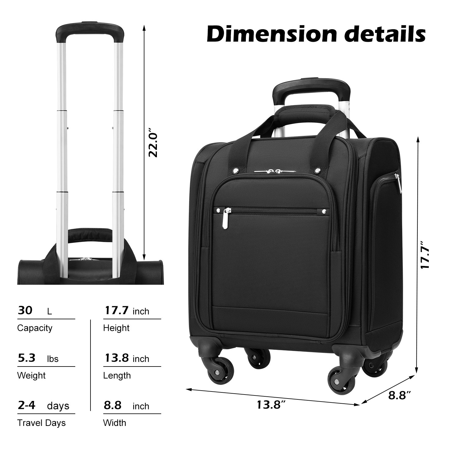 Coolife Underseat Carry On Luggage Suitcase Softside Lightweight Rolling Travel Bag Spinner Suitcase Compact Upright 4 Dual Wheel Bag