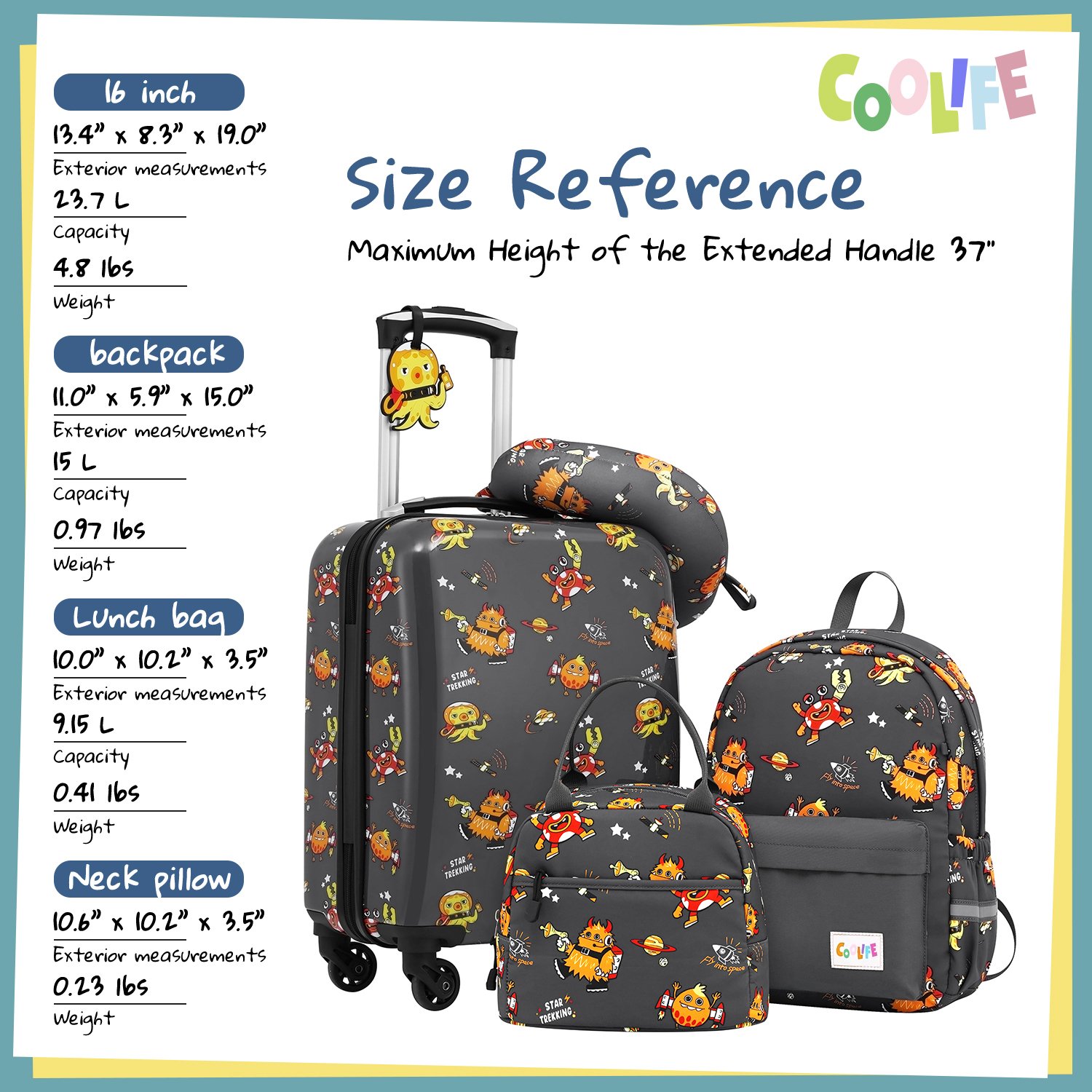 Coolife Kid’s Luggage Set 5 Piece Suitcase Set 16’’ Carry on Hardside Spinner Toddler Luggage Travel Rolling Luggage Girls Boys