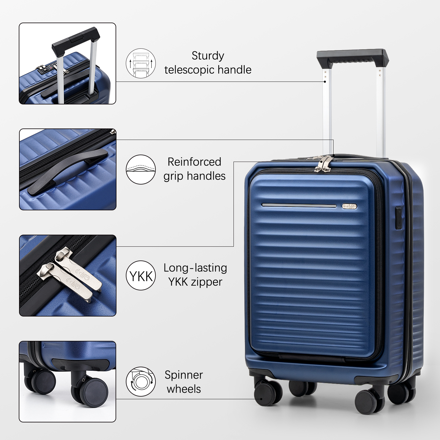 Coolife Luggage Suitcase Piece Set Carry On Hardside ABS+PC Luggage Spinner Trolley TSA Lock USB Port Pocket Compartment