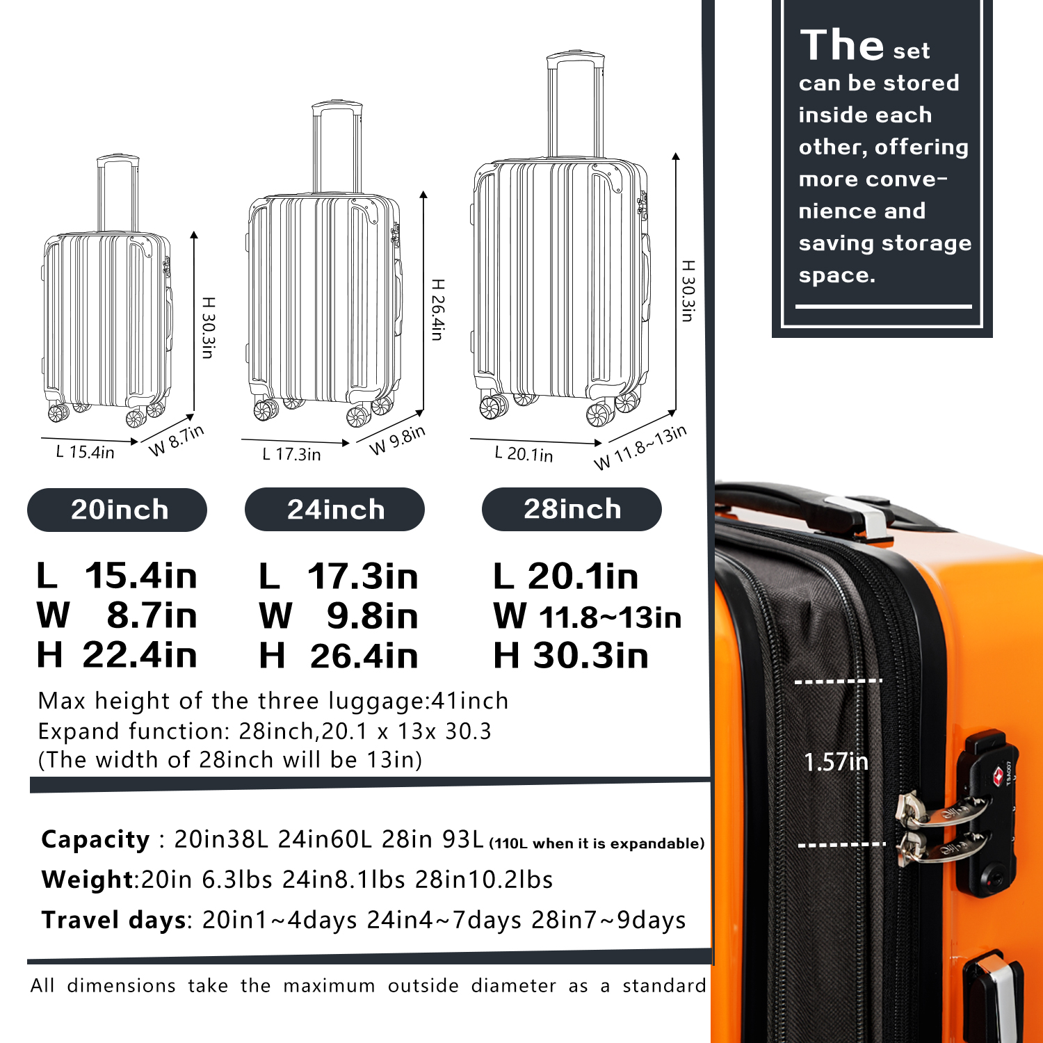 Coolife Luggage Expandable(only 28") Suitcase PC+ABS Spinner 20in 24in 28in Carry on YD72S/M/L
