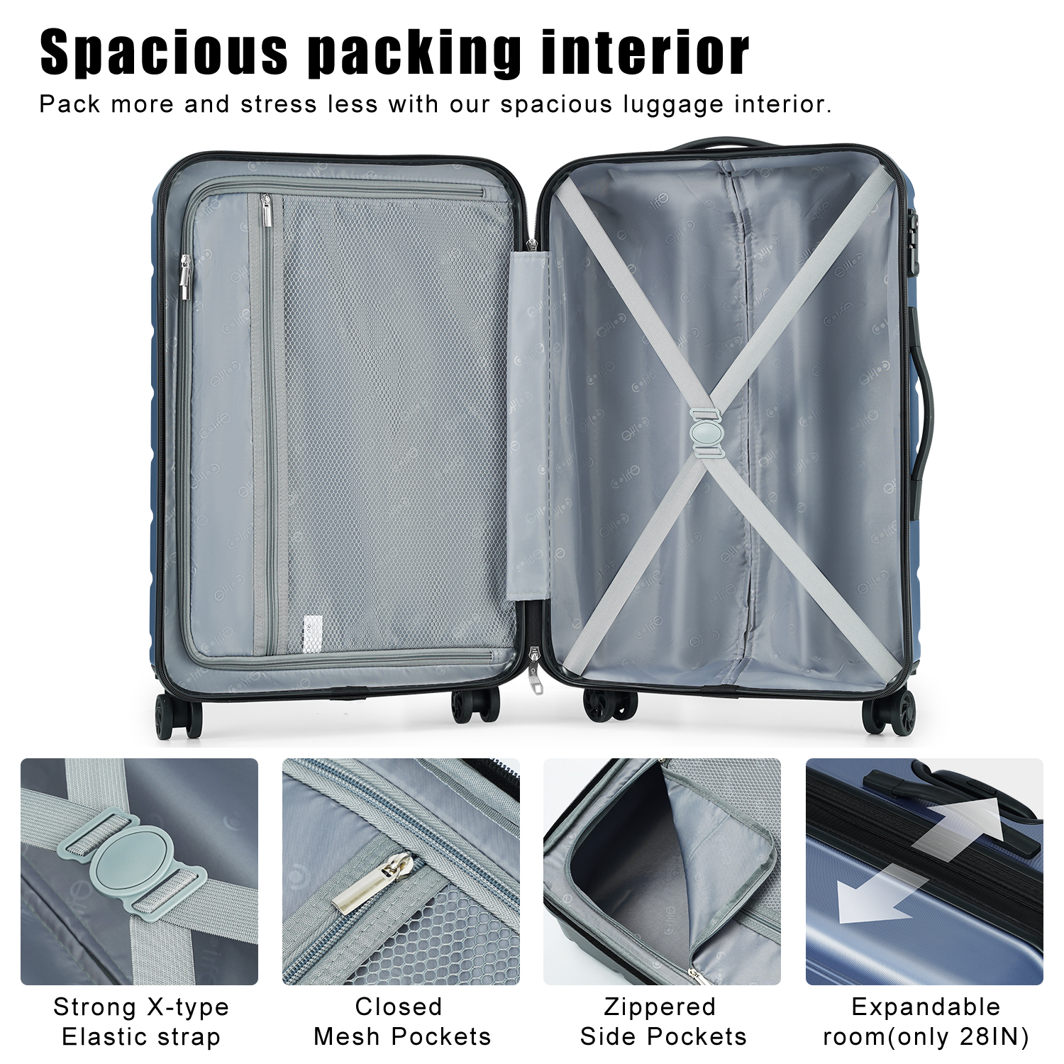 Coolife Luggage Suitcase Carry-on Spinner TSA Lock USB Port Expandable (only 28’’) Lightweight Hardside Luggage