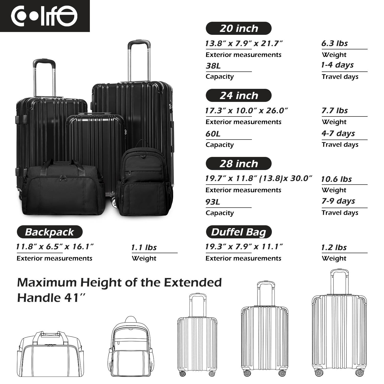 COOLIFE Luggage Expandable Suitcase PC+ABS 3 Piece Set with TSA Lock Spinner Carry on 20in24in28in YD80